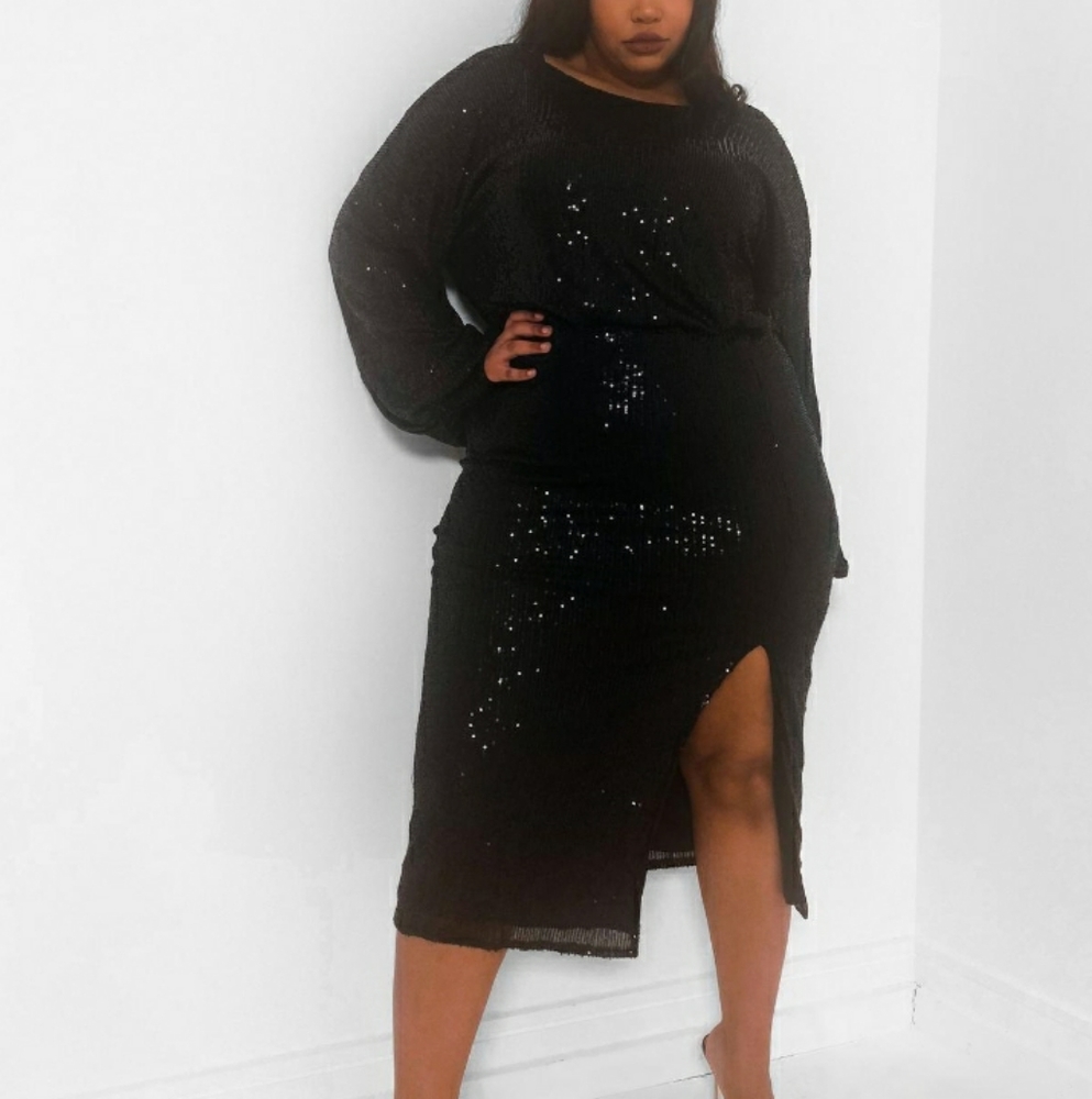 Black Thigh Split Sequin Dress